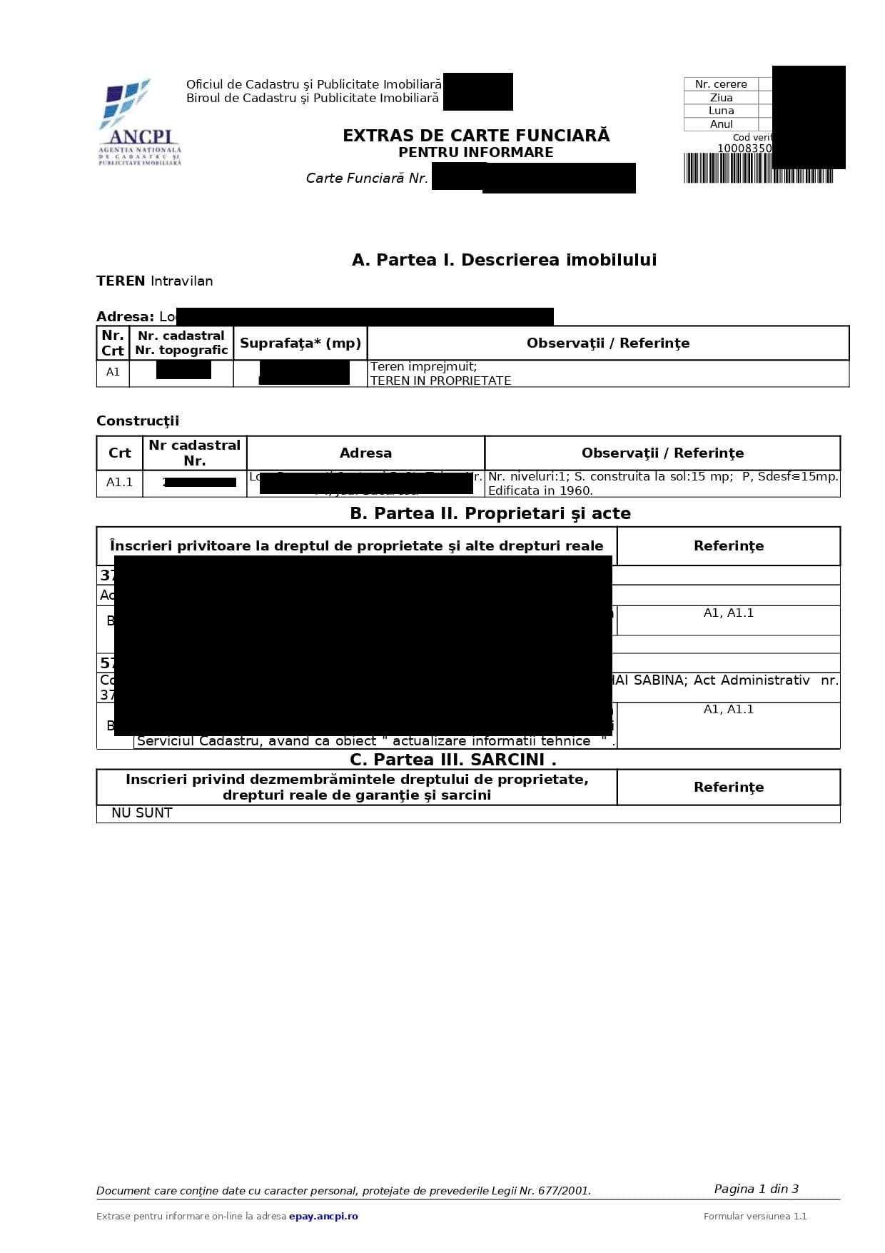 Mostră de extras carte funciară emis de ANCPI — datele personale sunt cenzurate